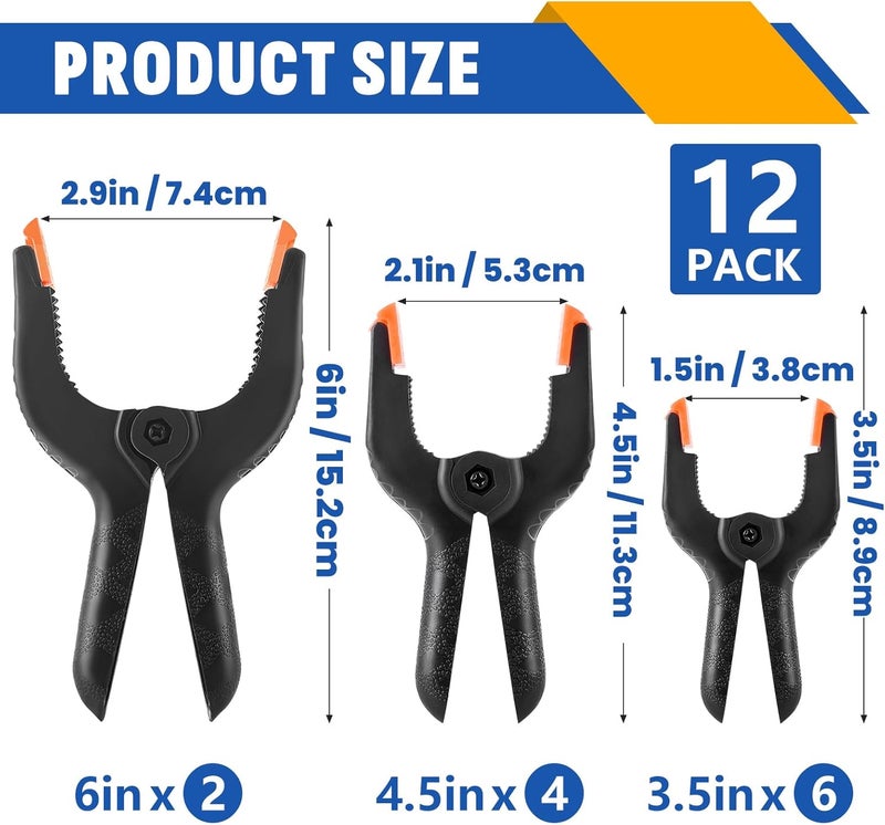 NUITPY 12 Pack Plastic Spring Clamps Set, 3 Sizes of Spring Clips 3.5 Inch, 4.5 Inch, 6 Inch Set, Black Heavy Duty Clips, Backdrop Clips, Woodworking Clamps, Plastic Clamps for Woodworking,Photography - Image 2